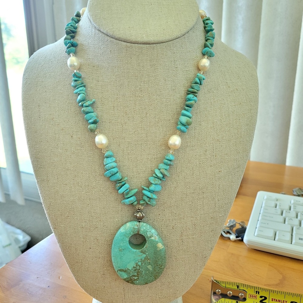 Handcrafted Turquoise Donut Pendant Double Chip Necklace Pearl Boho Artisan